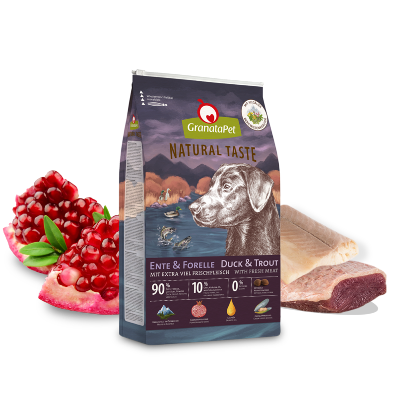 petlove.lt GRANATAPET NATURAL TASTE begrūdis sausas pašaras suaugusiems šunims su šviežia Antiena ir upėtakiu
