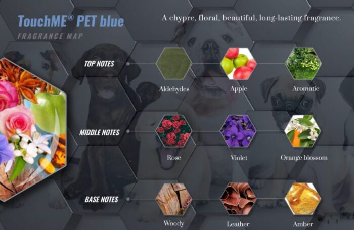 petlove.lt Touch Me Pet Blue kvapų žemėlapis – obuolio, rožės, našlaitės ir gintaro natos