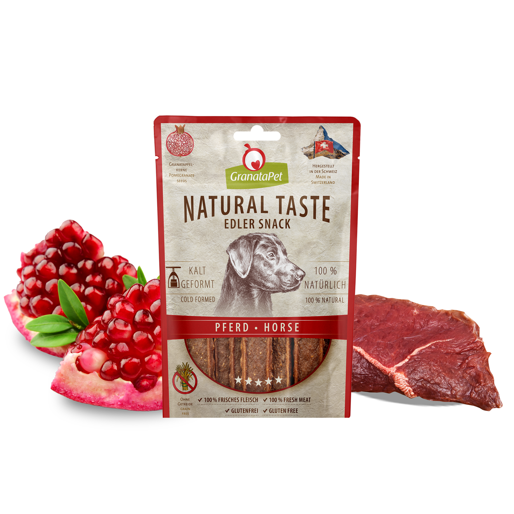 193580_Natural_Taste_Snack_gross_Pferd_Zutaten Kopie Tai unikalus, minkštas šunų skanėstas, pagamintas iš 86 % arklienos.
